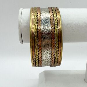 Artisan Chunky Wide Gold Silver Brass Textured Stripes Leaf Bangle Bracelet